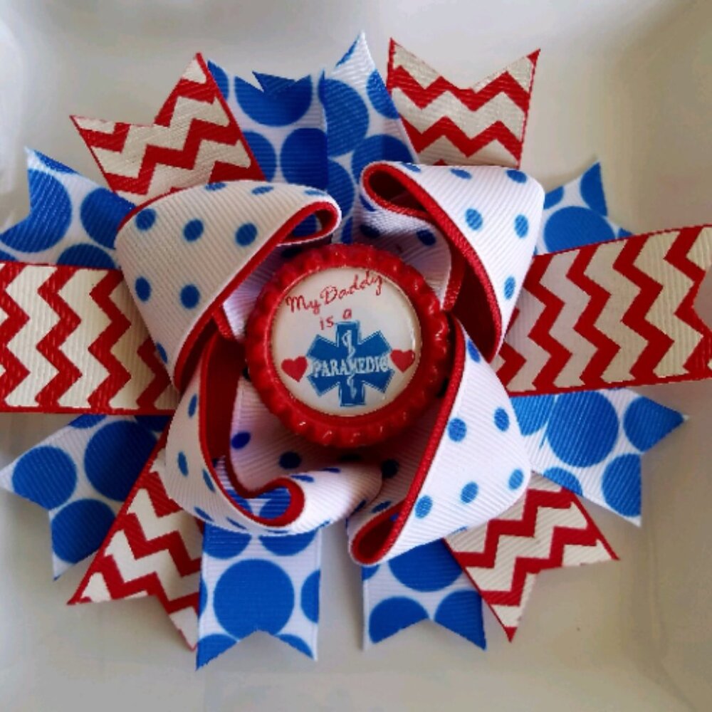 My Daddy Is A Paramedic Red White Blue Bottle Cap Hair Bow 5"